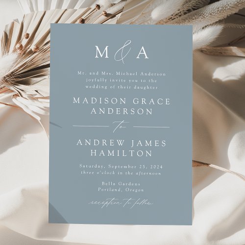 Modern Elegant Dusty Blue Monogram Wedding Invitation