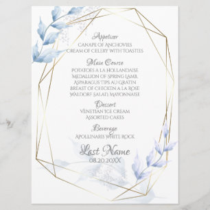 Modern Elegant Dusty Blue Pale Lilac Foliage Menu