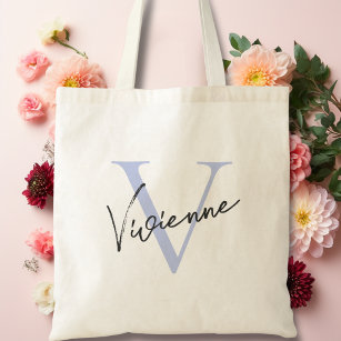 Modern Elegant Dusty Blue Personalized Monogram Tote Bag