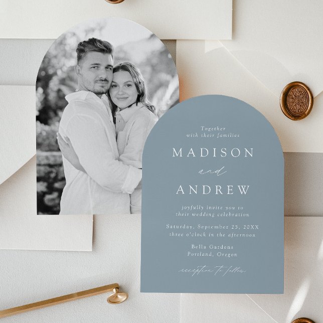 Modern Elegant Dusty Blue Photo Arch Wedding Invitation (Creator Uploaded)