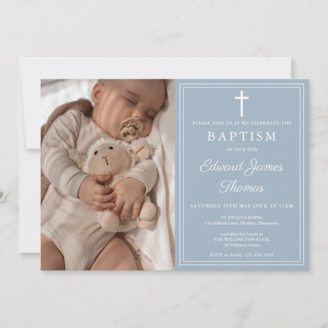 Modern Elegant Dusty Blue Photo Baptism Invitation (Front)