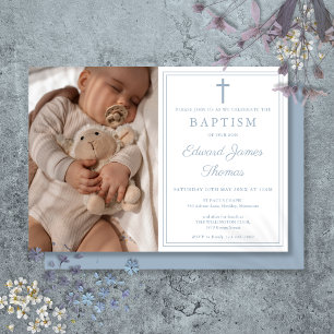 Modern Elegant Dusty Blue Photo Baptism Invitation