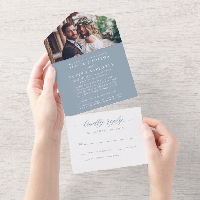 Modern Elegant Dusty Blue Photo RSVP Wedding All In One Invitation (Tearaway)