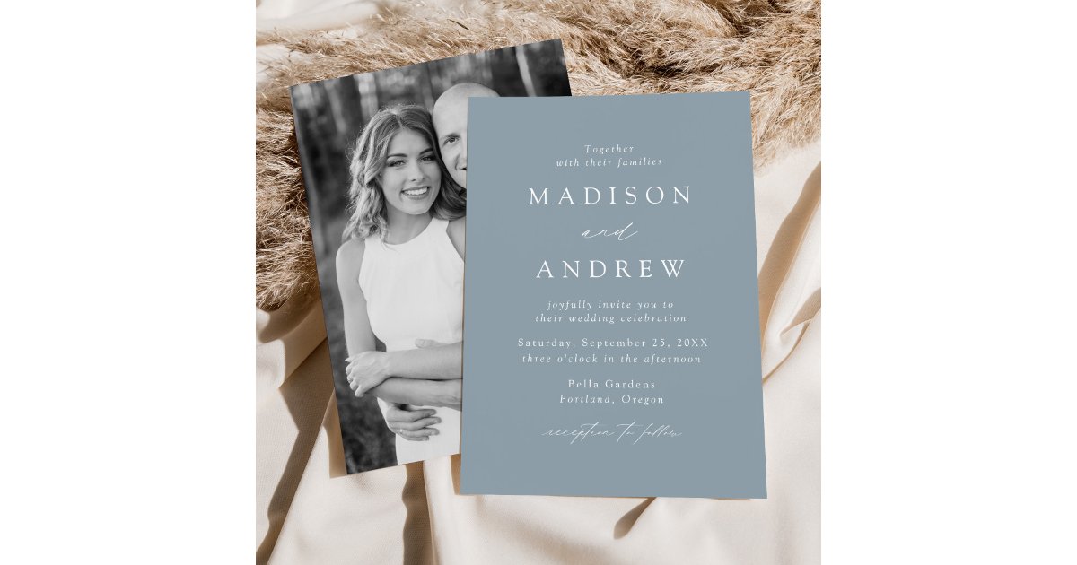 Modern Elegant Dusty Blue Photo Wedding Invitation | Zazzle