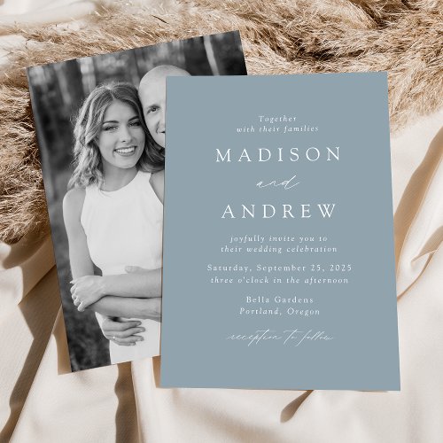 Modern Elegant Dusty Blue Photo Wedding Invitation