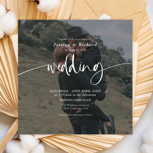 Modern elegant dusty blue photo wedding script  invitation