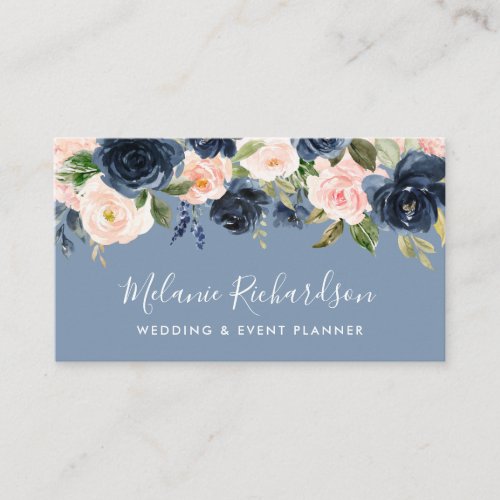 Modern Elegant Dusty Blue Pink Blush Floral Business Card