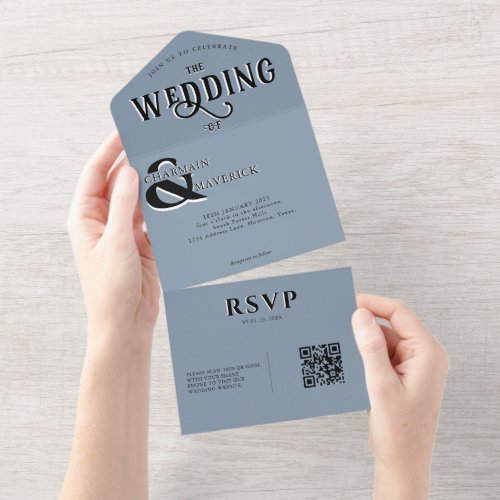 Modern Elegant Dusty Blue QR Code Wedding All In One Invitation