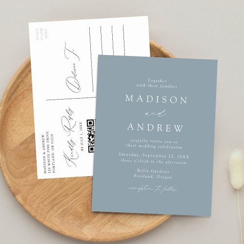 Modern Elegant Dusty Blue QR Code Wedding Invitation Postcard