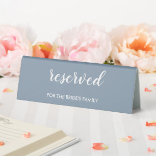Modern Elegant Dusty Blue Reserved Bride's Family Table Tent