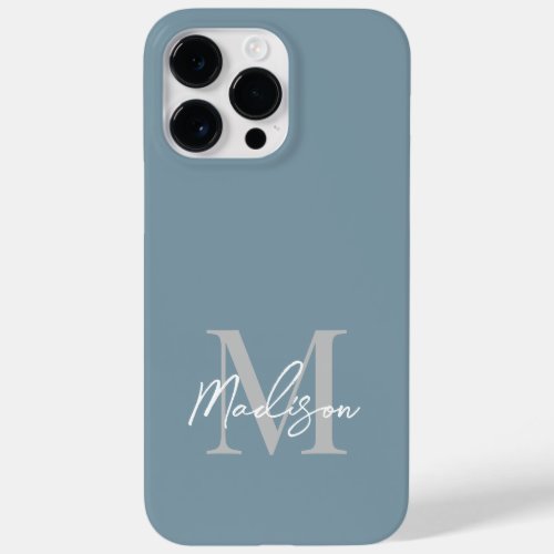 Modern Elegant Dusty Blue Script Monogram Name Case_Mate iPhone 14 Pro Max Case