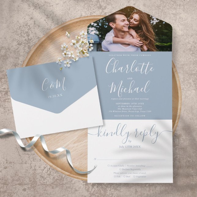 Modern Elegant Dusty Blue Script Photo Wedding All All In One Invitation (Creator Uploaded)