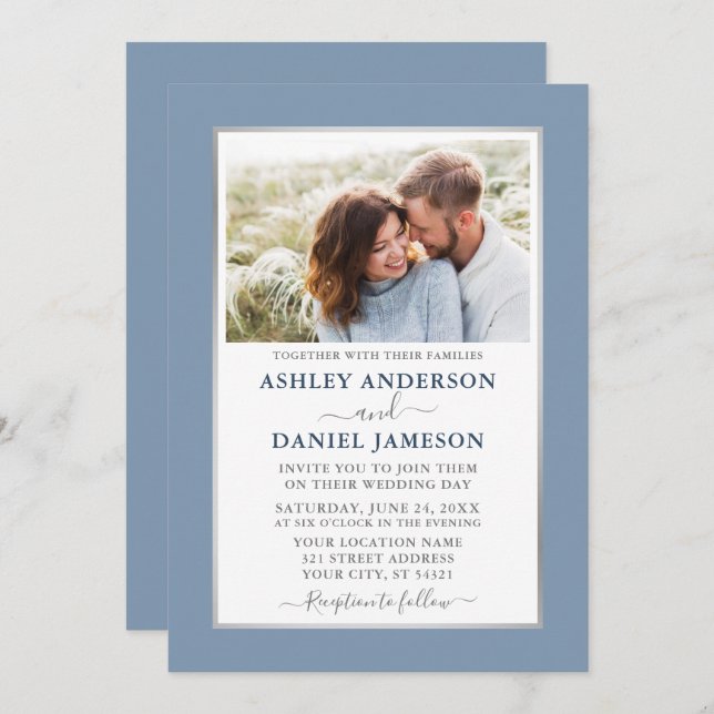 Modern Elegant Dusty Blue Silver Wedding Invitation (Front/Back)