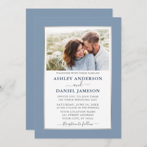 Modern Elegant Dusty Blue Silver Wedding Invitation