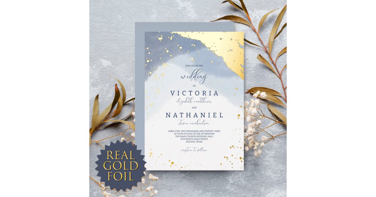 Modern Elegant Dusty Blue Watercolor Wedding Gold Foil Invitation | Zazzle