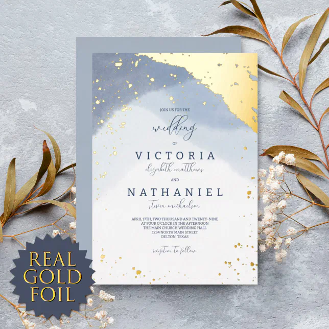 Modern Elegant Dusty Blue Watercolor Wedding Gold Foil Invitation | Zazzle