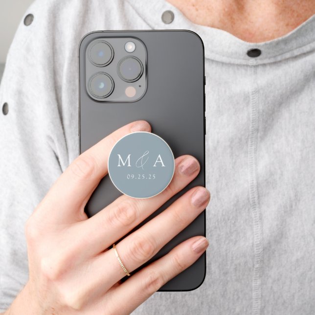 Modern Elegant Dusty Blue Wedding Monogram PopSocket (Hand)