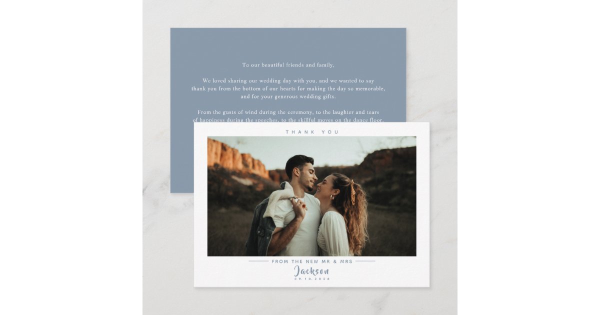 Modern Elegant Dusty Blue Wedding Photo Thank You Card | Zazzle