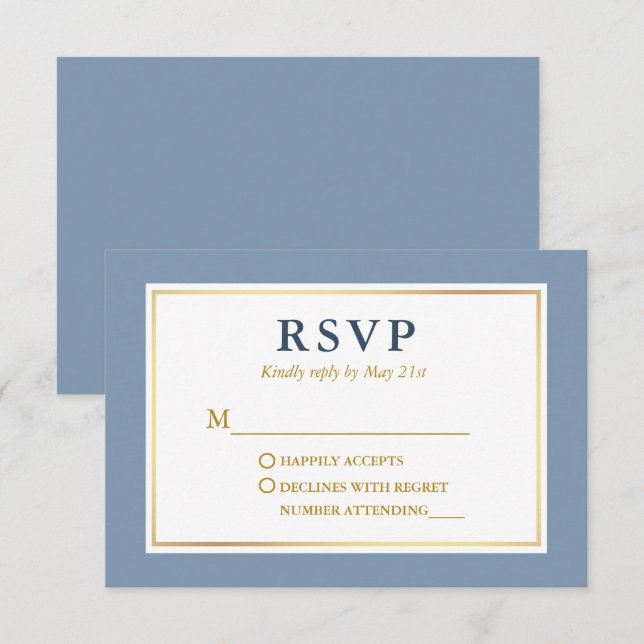 Modern Elegant Dusty Blue White Gold RSVP Card (Front/Back)