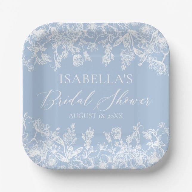 Modern Elegant Dusty Blue Wildflower Bridal Shower Paper Plates (Front)