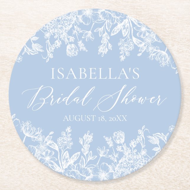 Modern Elegant Dusty Blue Wildflower Bridal Shower Round Paper Coaster (Front)