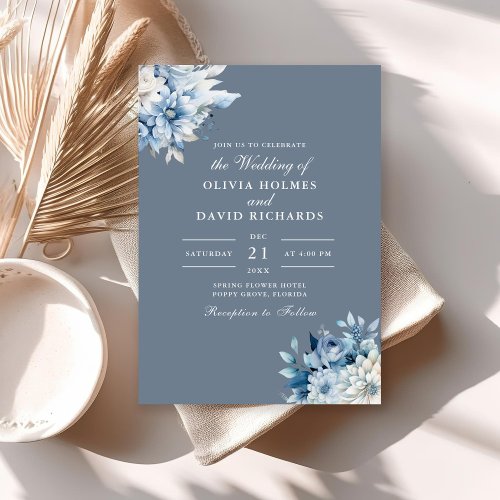 Modern Elegant Dusty Blue Wildflowers Wedding Invitation