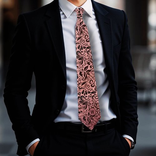 Modern Elegant Dusty Pink Floral Pattern Monogram Neck Tie