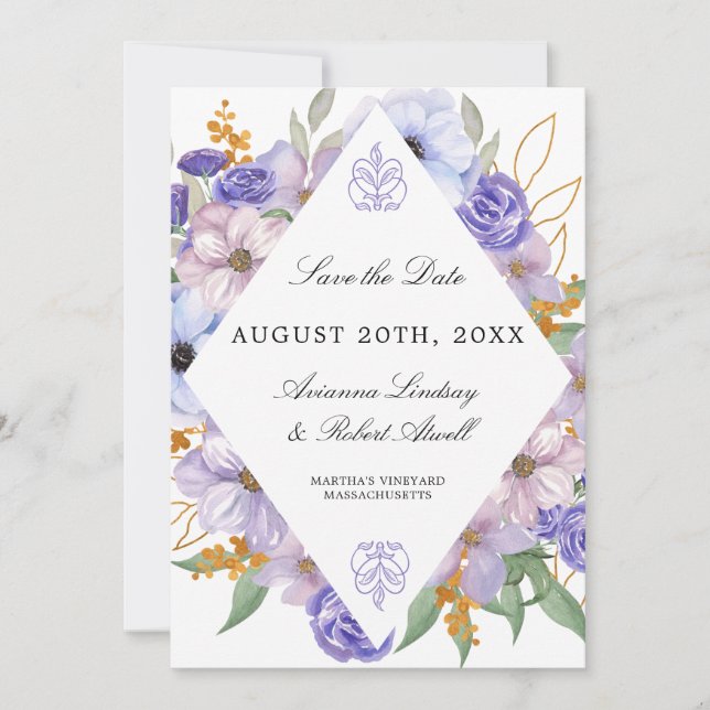 Modern Elegant Dusty Purple Floral Save The Date (Front)