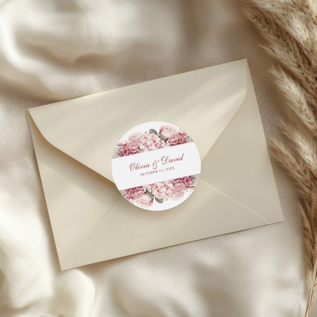 Modern Elegant Dusty Rose Hydrangea Wedding  Classic Round Sticker (Modern Elegant Dusty Rose Hydrangea Wedding Classic Round Sticker on a wedding envelope)