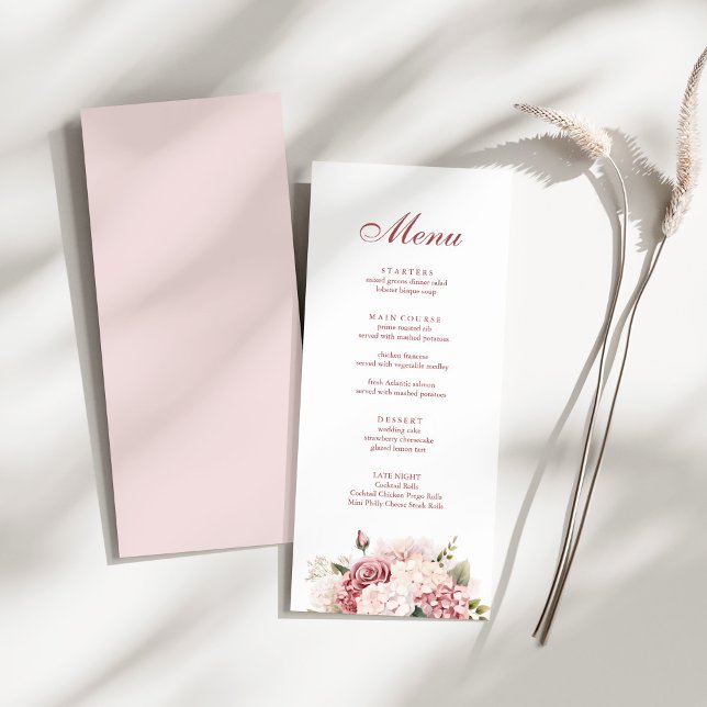 Modern Elegant Dusty Rose Hydrangea Wedding Menu (Modern Elegant Dusty Rose Hydrangea Wedding Menu on a sunny white table.)