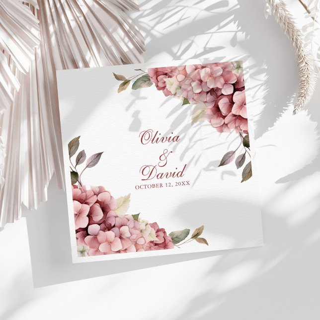 Modern Elegant Dusty Rose Hydrangea Wedding  Paper Dinner Napkins (Modern Elegant Dusty Rose Hydrangea Wedding Paper Dinner Napkins on a sunny white table.)