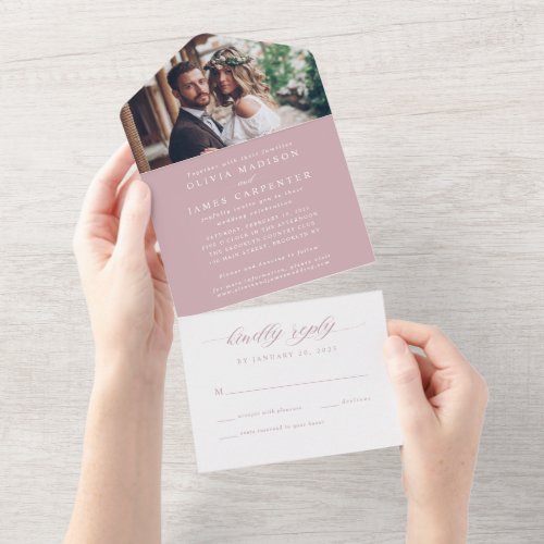 Modern Elegant Dusty Rose Photo RSVP Wedding All In One Invitation