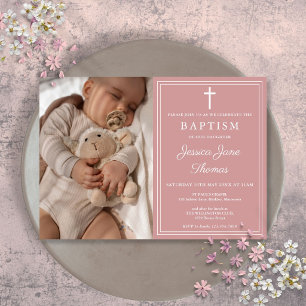 Modern Elegant Dusty Rose Pink Photo Baptism Invitation