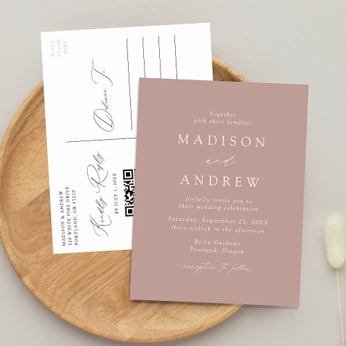 Modern Elegant Dusty Rose QR Code Wedding Invitation Postcard