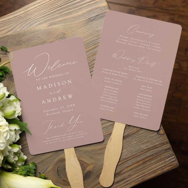 Modern Elegant Dusty Rose Wedding Program Hand Fan (Creator Uploaded)
