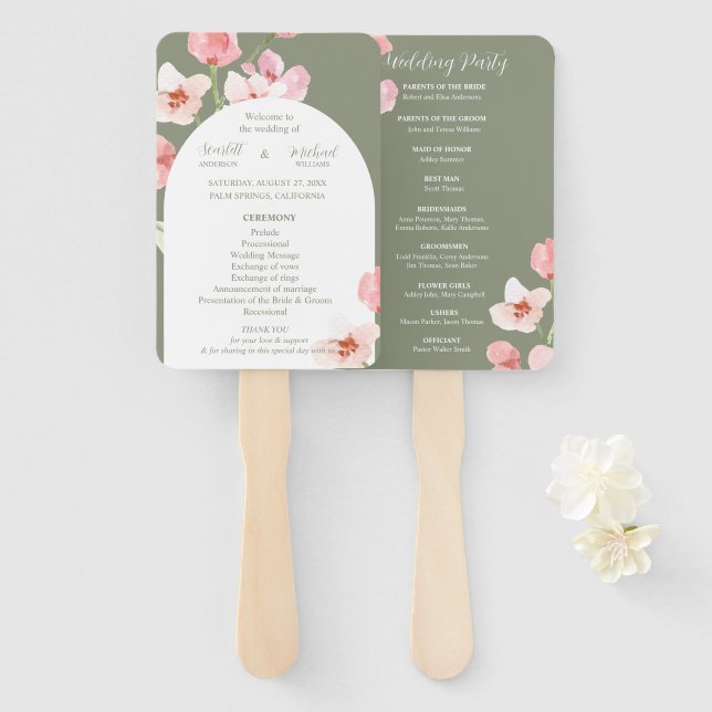 Modern Elegant Earthy Floral Arch Program Hand Fan (Front and Back)