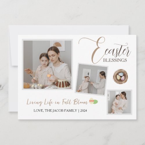 Modern Elegant Easter Blessings Script 3 Photo Holiday Card