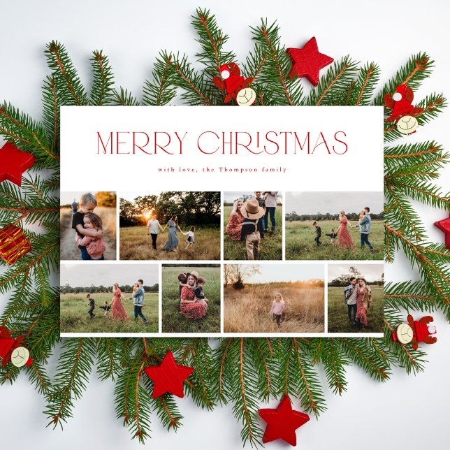 Modern Elegant Eight Photo Collage Red Christmas Holiday Card (Creator Uploaded)