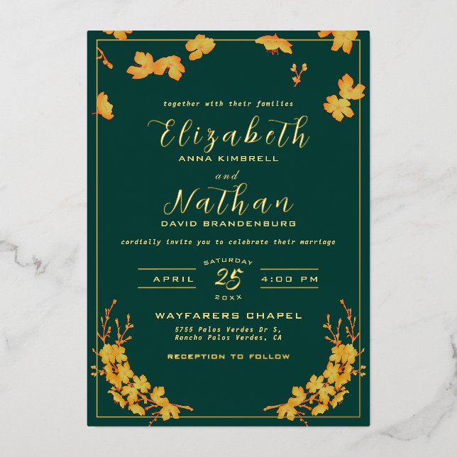 Modern Elegant Emerald Green & Gold Floral Wedding Foil Invitation (Front)