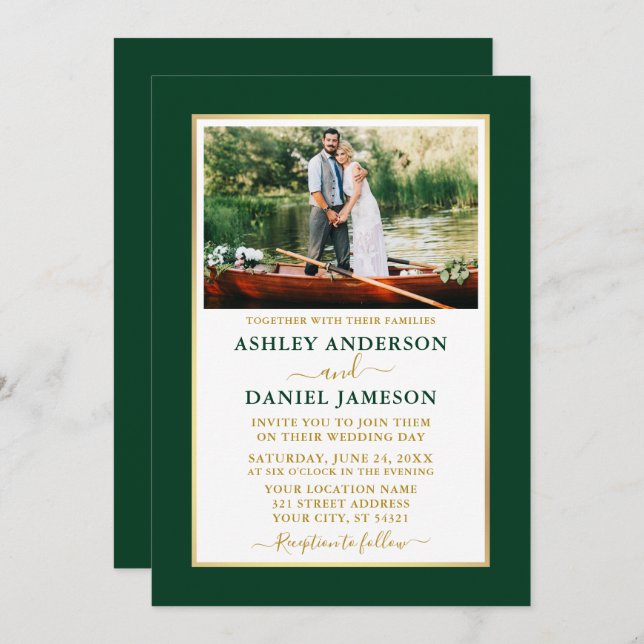 Modern Elegant Emerald Green Gold Wedding Invitation (Front/Back)