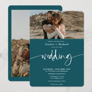 Modern elegant emerald green wedding script photos invitation