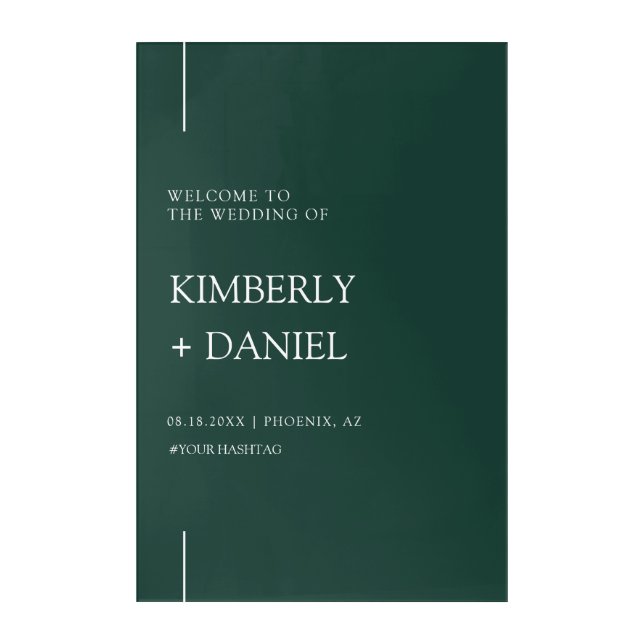 Modern Elegant Emerald Green Welcome Wedding Sign Acrylic Print (Front)