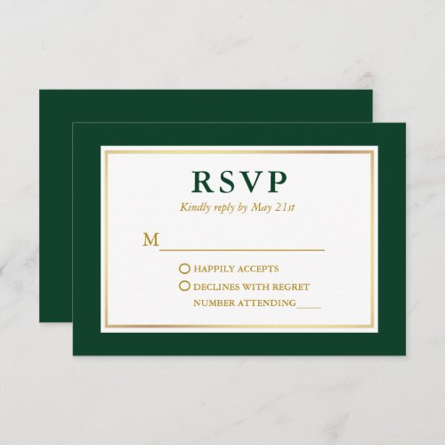 Modern Elegant Emerald Green White Gold RSVP Card