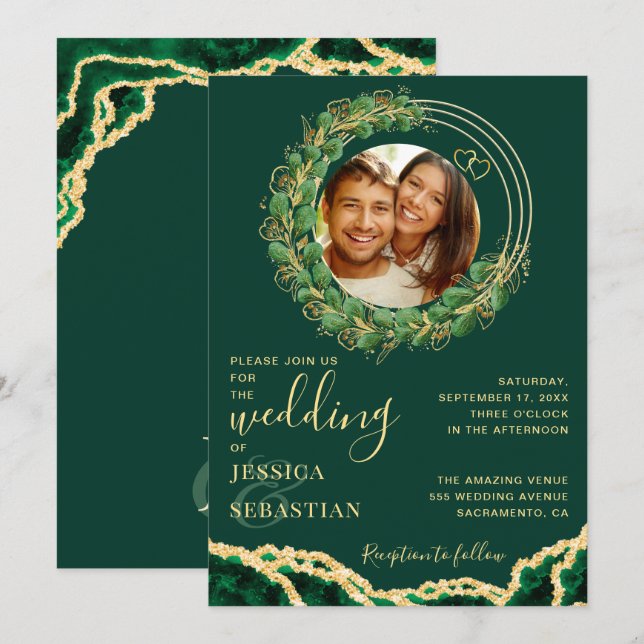 Modern Elegant Eucalyptus Agate Emerald Wedding Invitation (Front/Back)