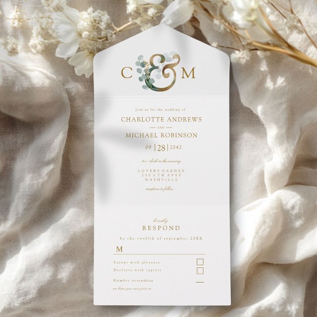 Modern Elegant Eucalyptus Ampersand Wedding All In One Invitation (Modern Elegant Eucalyptus Wedding All In One Invitation)