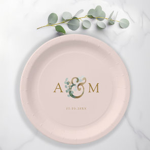 Modern, elegant eucalyptus ampersand wedding paper plates