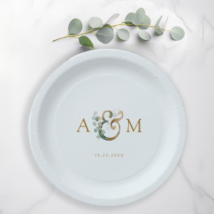 Modern, elegant eucalyptus ampersand wedding paper plates