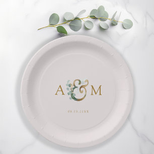 Modern, elegant eucalyptus ampersand wedding  paper plates