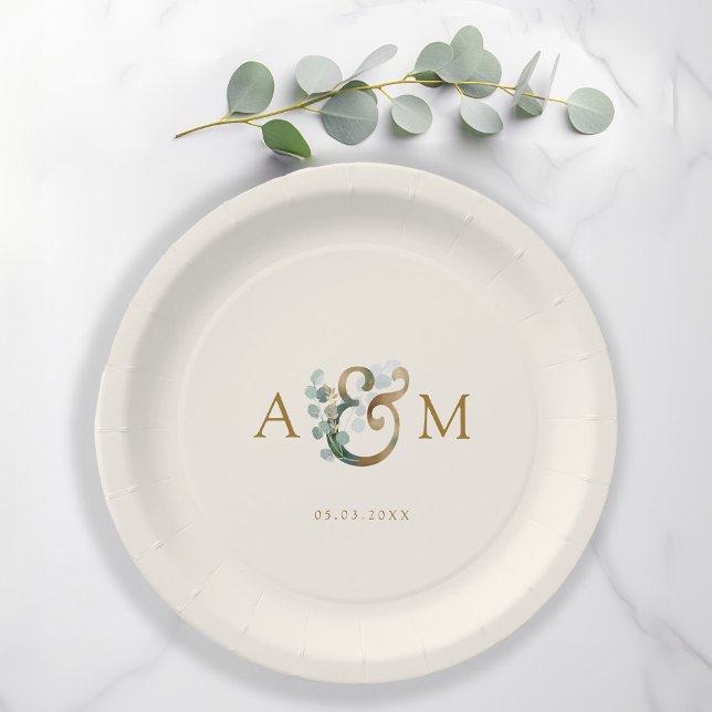 Modern, elegant eucalyptus ampersand wedding  paper plates (Creator Uploaded)