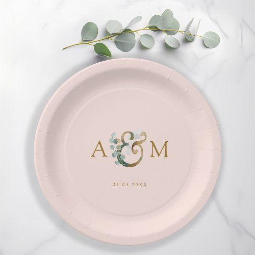 Modern elegant eucalyptus ampersand wedding paper plates